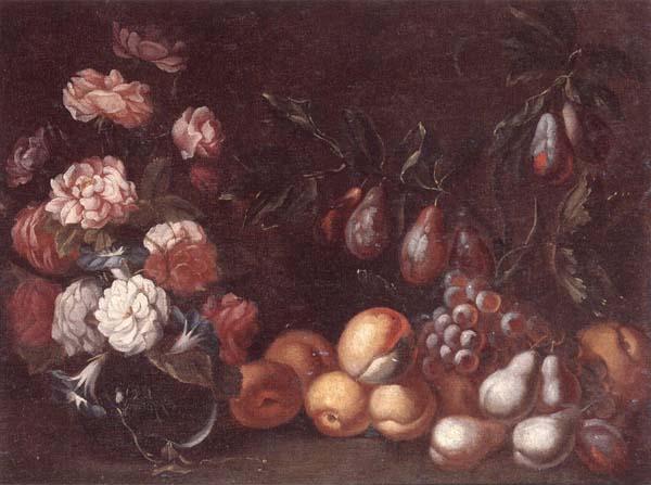 unknow artist Still life of Roses and convulvuli in a Glass vase,Together with peaches,grapes,pears and plums France oil painting art